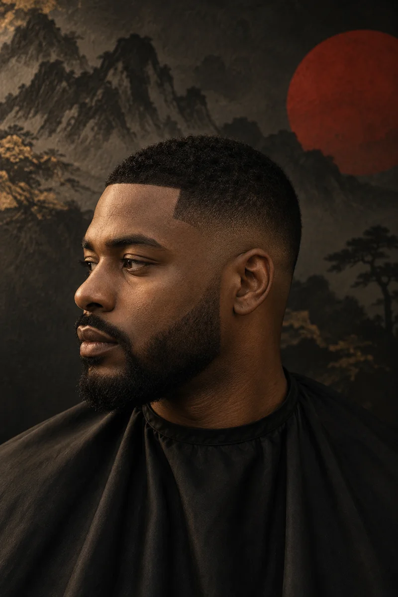 AI-created short textured buzz cut with a skin fade and defined beard
