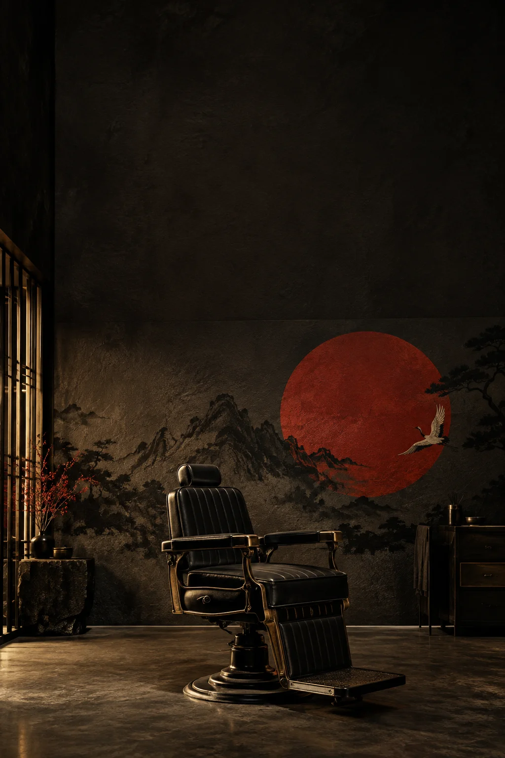 AI-created barber studio with a black chair, Japanese ink mural and red sun